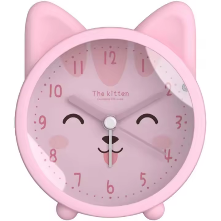 Reloj despertador para bebé con diseño de perro o gato, silencioso, de cuarzo, para escritorio y mesita de noche, rosa - 1
