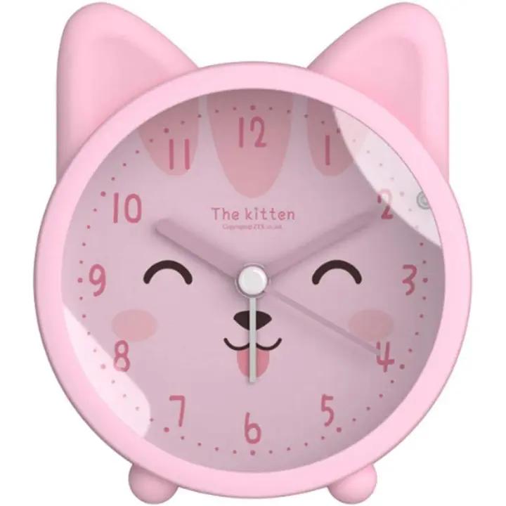 Reloj despertador para bebé con diseño de perro o gato, silencioso, de cuarzo, para escritorio y mesita de noche, rosa - 1