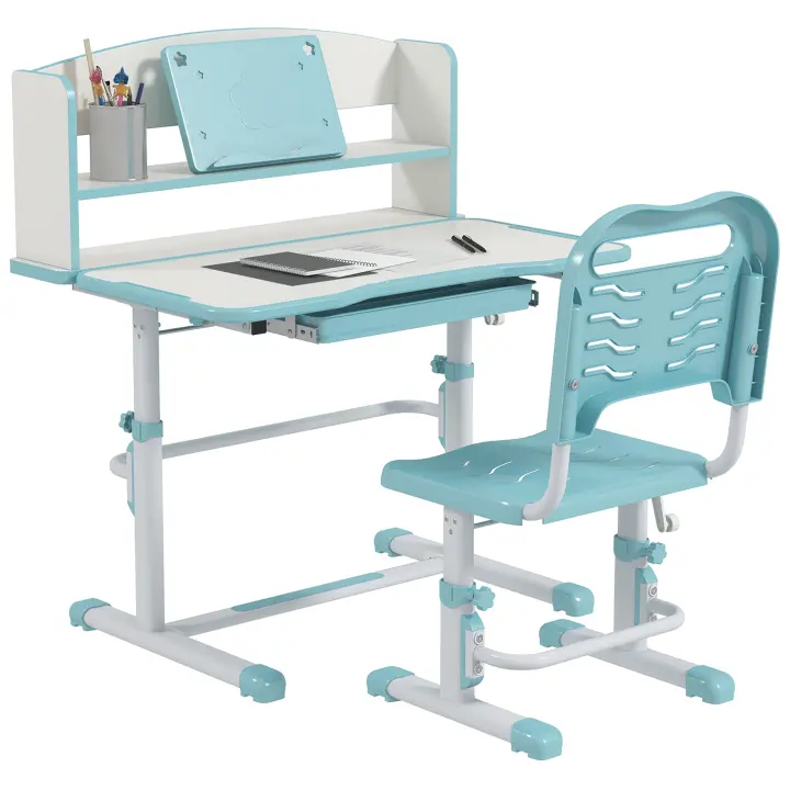 ZONEKIZ Juego de Escritorio y Silla para Niños de 6-12 Años Pupitre Infantil Altura Ajustable con 1 Cajón 1 Estante para Libros y Ángulo de Mesa Ajustable 80x54,5x82-104 cm - 1