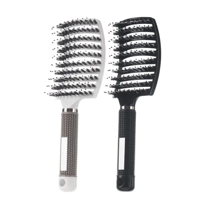 ZC Paquete de 2 cepillos de cerdas de jabalí, cepillo curvo y ventilado para cabello largo, grueso, delgado, rizado y enredado, desenredante de cabello húmedo y seco (Negro, Blanco) - 1