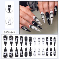 Juego De 24 Uñas Postizas En Forma De Almendra Estilo Punk Con Patrón De Murciélagos Blanco Y Negro Para Halloween - details 6