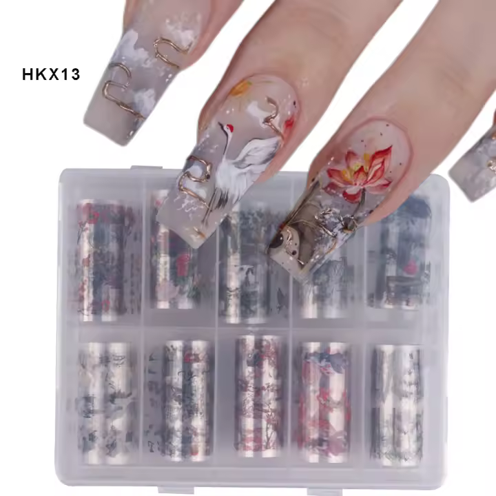 10pcs De Foils Para Uñas Con Diseño De Carácter Chino Arco Iris Bambú Pescado Flor Periquito Adhesivo Para Gel De Uñas Decoración De Manicura - 1