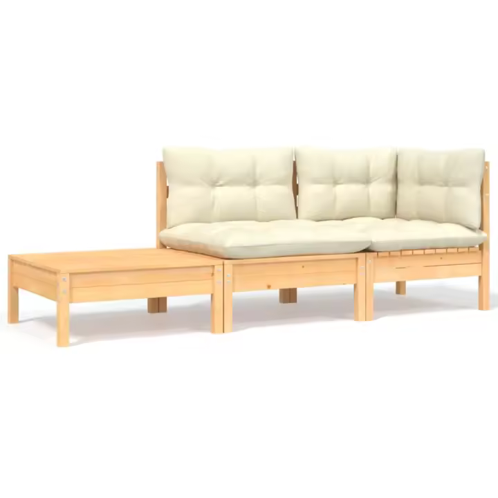 vidaXL Muebles de jardín 3 piezas madera maciza pino con cojines crema en color Natural y crema/Marrón miel/Marrón y gris | acolchados duraderos para sofás de jardín terraza exterior - 1
