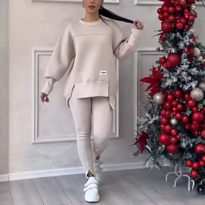  Conjunto De Dos Piezas Para Mujer Irregular Suéter De Manga Larga Pullover Top Pantalones Set Otoño Invierno Elegante Suéter Solido De Cuello Redondo Estilo Casual Talla M L - 1