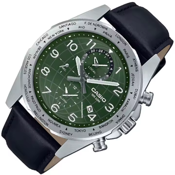 ​reloj deportivo hombre Casio MTP-W500L-3AV 43.9mm Hora Mundial 50m WR correa de cuero Indicador de batería Alarma - 1