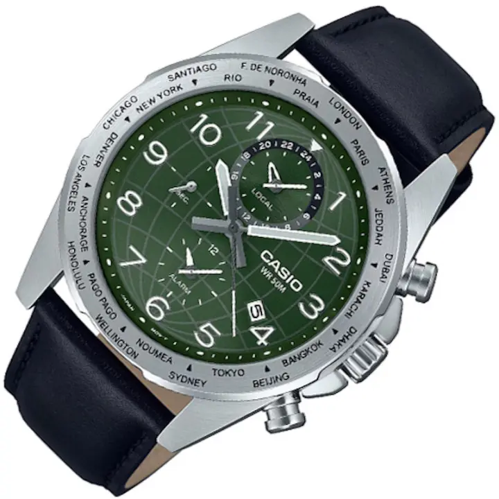 ​reloj deportivo hombre Casio MTP-W500L-3AV 43.9mm Hora Mundial 50m WR correa de cuero Indicador de batería Alarma - 1