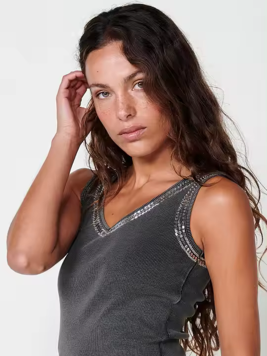 Koroshi Camiseta Gris Algodón con Efecto Lavado para Mujer - 1