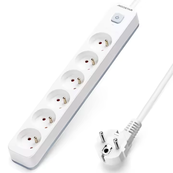Aigostar Regleta alargador de 6 Tomas con Interruptor y Protección Infantil, 3/5 M, Francés, Blanco, 16A 250V - 1