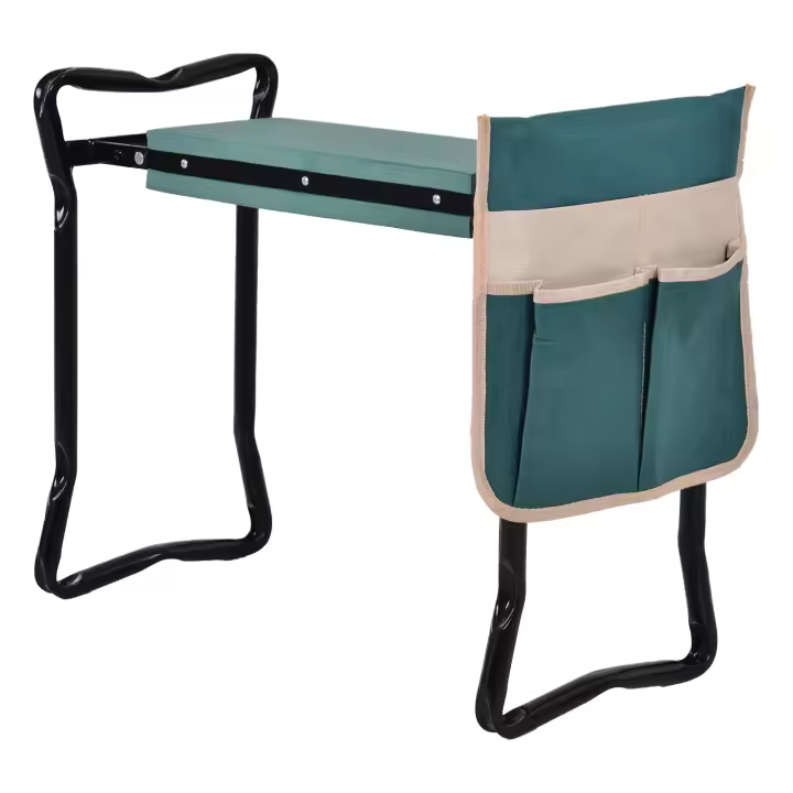 Outsunny Taburete de Jardín Plegable con Bolsa para Herramientas Protección Cojín Rodillas Asiento de Jardín con Almohadilla Altura Ajustable Soporta un máximo 150kg Color Verde Negro - 1