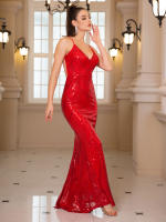 Vestido De Noche Sin Mangas Y Espalda Descubierta Dorado Rojo Slim V Neck Mermaid Prom Traje De Baño De Encaje Para Mujer - details 9