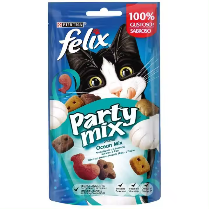 Purina Felix Party Mix Original, Snack para gato adulto, premio para Gato con Pollo, Higado y Pavo, 8 bolsas de 60g - 1