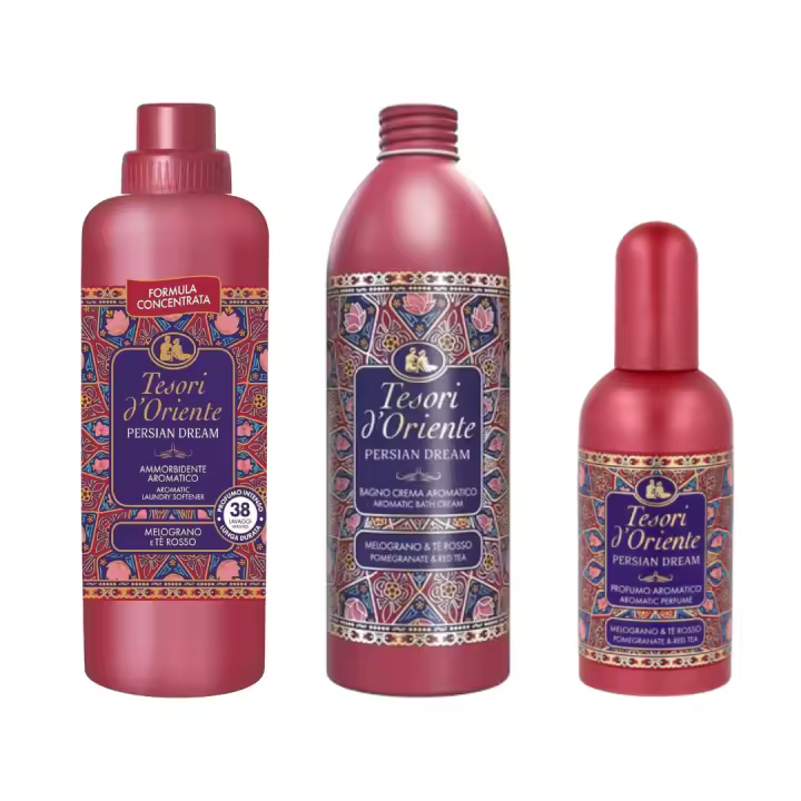 tesori d'oriente PACK DE 3 - perfume, crema de baño, suavizante para la ropa, aroma persa, granada y te rojo - aromas orientales arabes - las notas sensuales del jazmín y las notas dulces de la granada se mezclan con toques de té rojo y ambar - 1