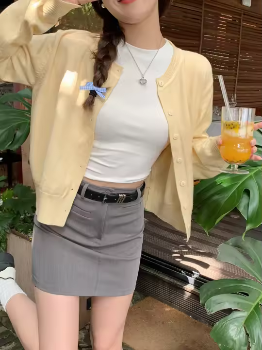 Nueva Chaqueta De Punto Negra Para Mujer Con Cuello Redondo Y Manga Larga Cardigan Casual De Material Viscosa Y Poliéster - 1