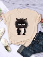 Camiseta Kawaii Para Mujer Con Estampado De Gato Negro Y Taza De Papel Cuello Redondo Transpirable Suave Verano Ropa De Calle - details 12