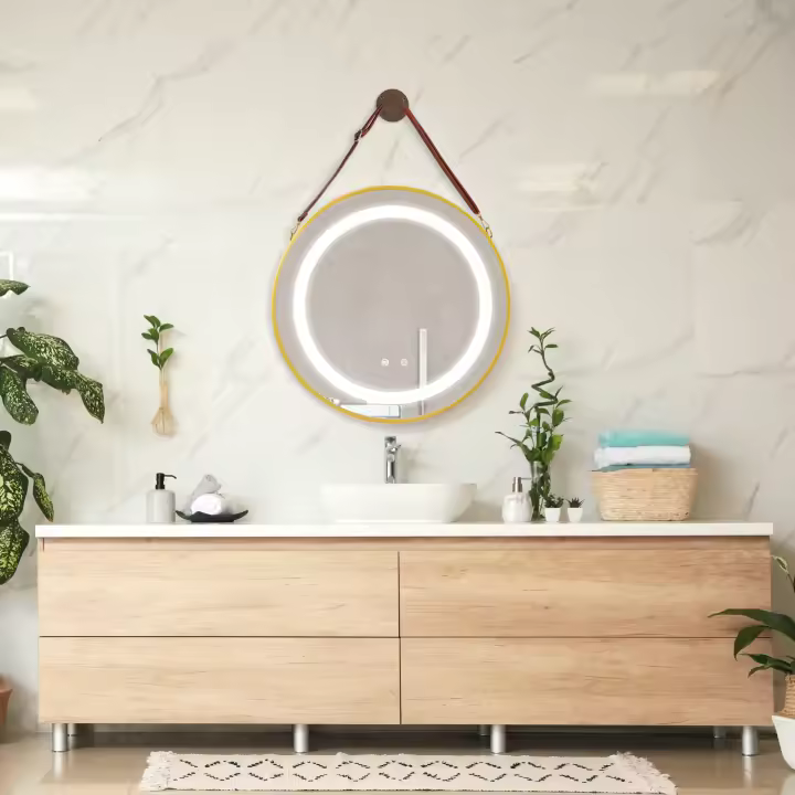 Espejo de pared con LED Picerno para baño con correa antivaho redondo aluminio + cristal 60 x 60 x 3,5 cm - Dorado [pro.tec] - 1