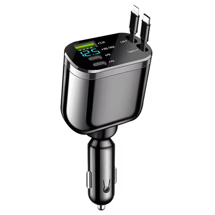 Cargador de Coche Retráctil 82W 5 en 1 USB C Rápido Con Cable Enrollable y Encendedor de Cigarrillos - 1