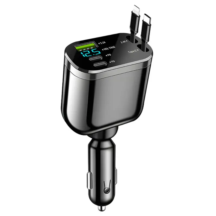 Cargador de Coche Retráctil 82W 5 en 1 USB C Rápido Con Cable Enrollable y Encendedor de Cigarrillos - 1