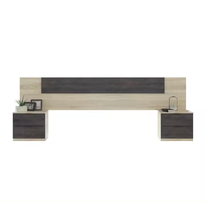 Meimon ALAYA Cabezal para cama de 150cm con 2 mesitas de noche, cada una con 2 cajones, estructura en Roble Canadian, guías metálicas, tiradores de aluminio lacados en negro y herrajes metálicos para fijación a pared - 1