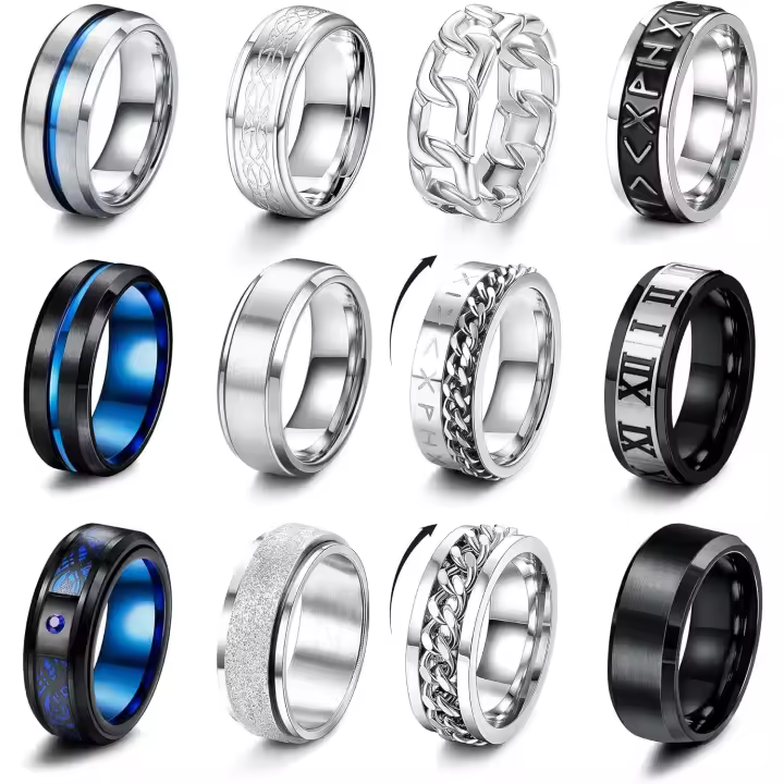 12 Piezas Anillos Hombre Plata Negro Maple Inoxidable Acabado Mate Anillo Cadena Band Pulido Abrebotellas Anillos Alianzas Boda Anillo Compromiso Vintage para Hombre Mujer - 1