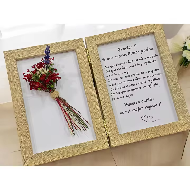 Regalo para los padres con mensaje y ramo de flores naturales preservadas y secas detalle para bodas aniversario día de la madre marco de madera doble mensaje de agradecimento a nuestros padres - 1