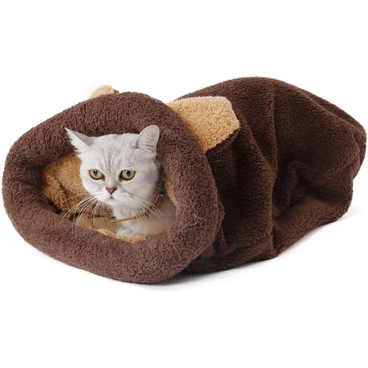 Saco de dormir para gatos suave y cómodo, cesta para gatos tipo iglú con forma de domo, 60 x 58 cm (marrón) - 1
