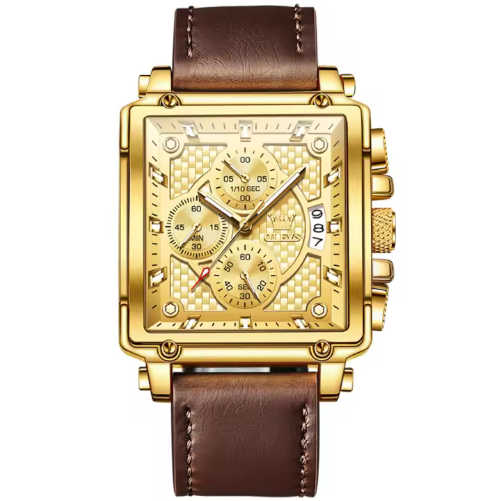 Reloj De Pulsera De Lujo Para Hombre OLEVS Cuadrado Cuarzo Resistente Al Agua Luminoso Cronógrafo De Cuero Acero Inoxidable Dial De Cristal Duro - 1