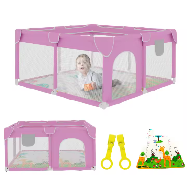 JUPPLIES Parque Infantil Bebe 120x120cm + Alfombra Bebe + 2 Agarraderas – Corralito Bebe con Malla Transpirable – Parque de Juegos Bebe Plegable con Puerta Lateral – Playpen Bebe - 1