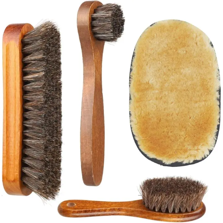 Juego de cepillos para zapatos: cepillo de crin de caballo para lustrar y pulir zapatos, 3 cepillos aplicadores de betún para zapatos + 1 guante de tela para lustrar zapatos - 1