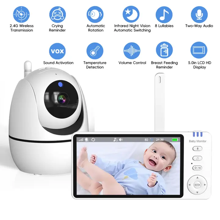 Vigilabebés LCD de 5" - Vigilabebés con vídeo - Escucha de vídeo para bebés - Cámara de vigilancia con pantalla a color - 1
