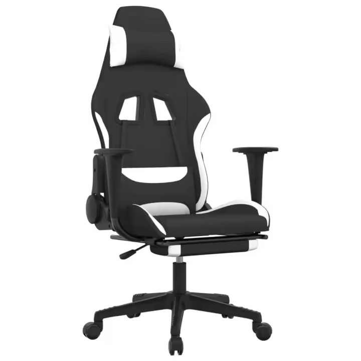 Silla Gaming con reposapiés Tela Negro y Blanco - 1