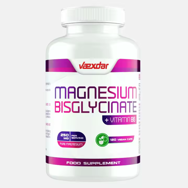 Vaexdar - Magnesio y Vitamina B6 - Magnesio Bisglicinato - 250mg de Magnesio Puro - Magnesio B6 - Alta Biodisponibilidad - Sin Gluten - 120 Cápsulas Vegetales - 1