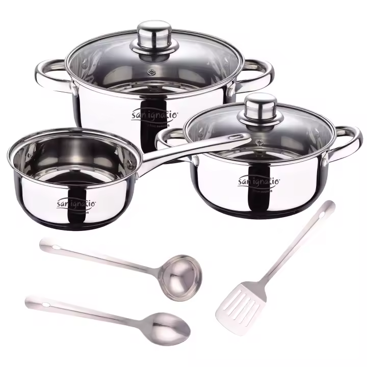 Batería de Cocina San Ignacio 5 Piezas Acero Inoxidable con Escala de Medición y Tapas de Vidrio - 1