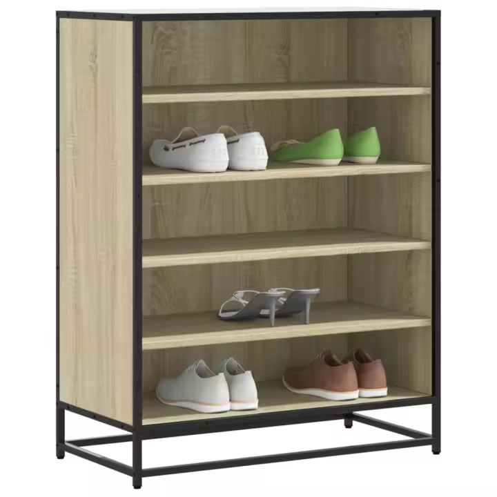vidaXL Zapatero de madera de ingeniería y metal 75x38x97,5 cm en color Negro/Roble ahumado/Marrón roble y más - 1