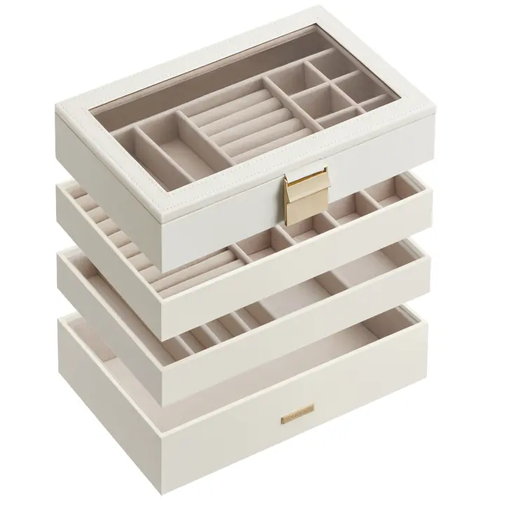 SONGMICS Caja Joyero con 4 Bandejas Apilables, Caja de Joyas Grande, Tapa de Cristal Transparente, 17 x 28 x 18,3 cm, para Cajón de Tocador, Idea de Regalo, Blanco/Negro - 1