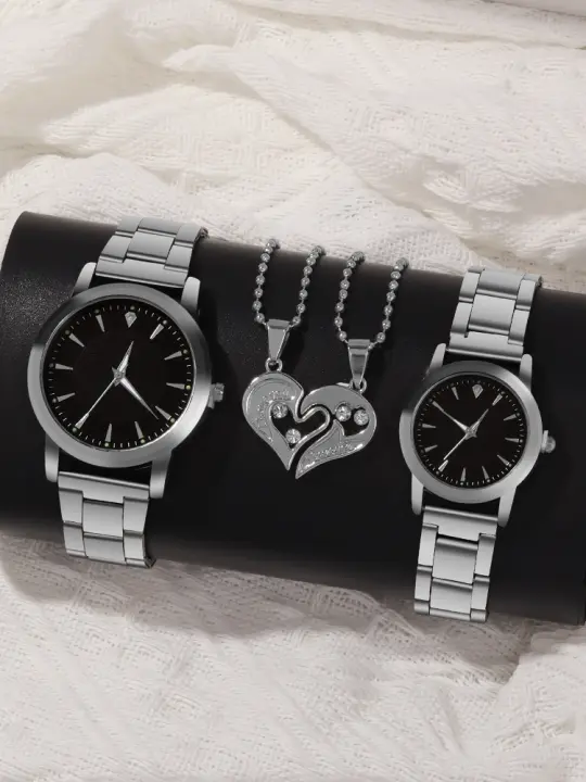 Reloj De Acero Inoxidable Para Parejas Con Correa De Láminas De Acero Y Reloj De Cuarzo Amor Conjunto De 4 Piezas Moda Y Simplicidad - 1