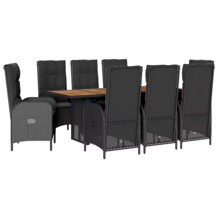 vidaXL Set de comedor de jardín 9 pzas y cojines ratán sintético negro - 1