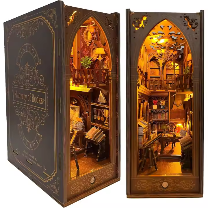 Kit de esquina para libros – Esquina para libros de casa de muñecas, kit de esquina para libros pequeños para insertar en estantería, manualidades decorativas para adultos y adolescentes, sujetalibros de rompecabezas de madera 3D con sensor de luz LED - 1