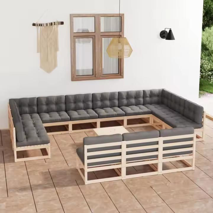 vidaXL Juego de muebles de jardín 14 pzas y cojines madera maciza pino - 1
