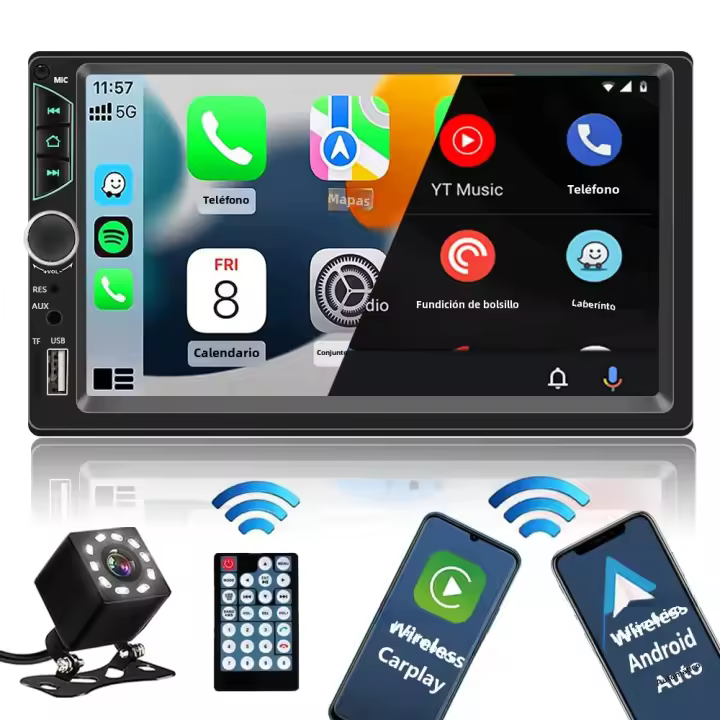 Radio De Coche Con Pantalla Táctil HD De 7 Pulgadas 2 Din Reproductor De Vídeo De Alta Calidad Con Wireless CarPlay Android Auto Y Bluetooth Cámara Trasera Incluida - 1