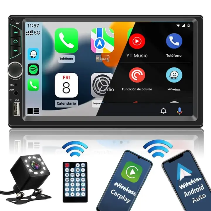 Radio De Coche Con Pantalla Táctil HD De 7 Pulgadas 2 Din Reproductor De Vídeo De Alta Calidad Con Wireless CarPlay Android Auto Y Bluetooth Cámara Trasera Incluida - 1
