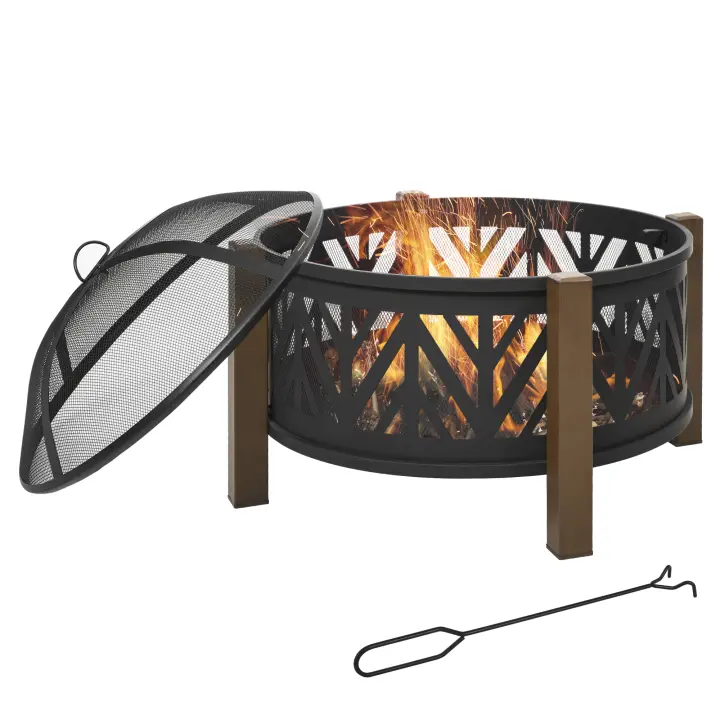 Cesta de Fuego 2 en 1 with Protección Contra CHISPAS y Parrilla, barbacoa de Jardín Negra y MARRON, Ø 78x60H cm, para veladas decorativas - 1