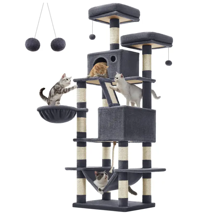 Feandrea Árbol para Gatos, L, Torre de Gatos de 168 cm de Altura con 13 Poste, 2 Plataformas, 2 Cuevas, Cesta, Hamaca, Pompón, Rascador Multinivel para Gatos Grandes, Gris Antracita/Beige/Blanco Crema/Gris Claro/Rosa Jalea - 1