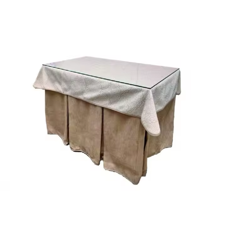 Santaella Mesa DM Patas Metálicas 120×70 Completa Oceano Beige – Con Cristal, Enagua, Tapete y Tarima - 1