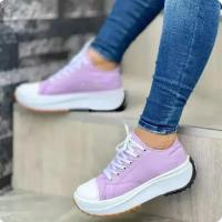 Zapatos De Lona Blanca Clásica 2024 Para Mujer Zapatillas De Cordones Sólidos Plataforma Casual Zapatos De Vulcanizaci\u00f3n Para Adultos - details 1