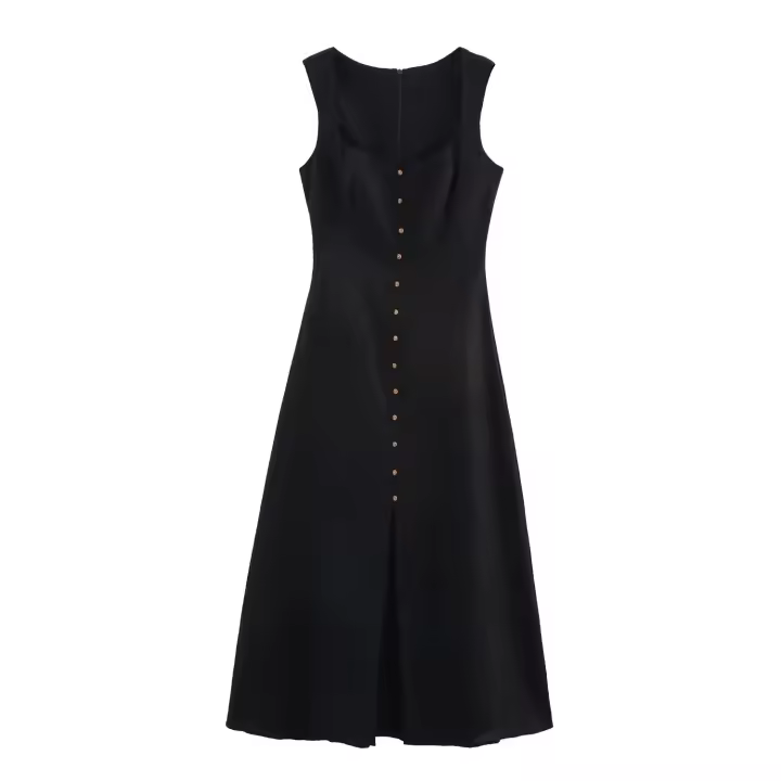 Vestido Largo A-line Para Mujer TFMLN Elegante Con Cuello En Cuadrado Y Sin Mangas Traje De Verano Con Botones Y Cintura Ancha Para Damas - 1