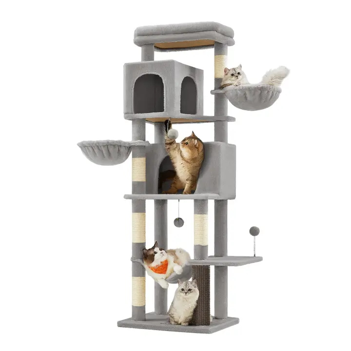 Árbol para Gatos Multinivel de 175 cm - Torre con 2 Cuevas, 2 Cestas, 5 Rascadores, Plataforma, Hamaca y Alfombra, Color Beige Arena, Gris Paloma, Gris Oscuro - 1