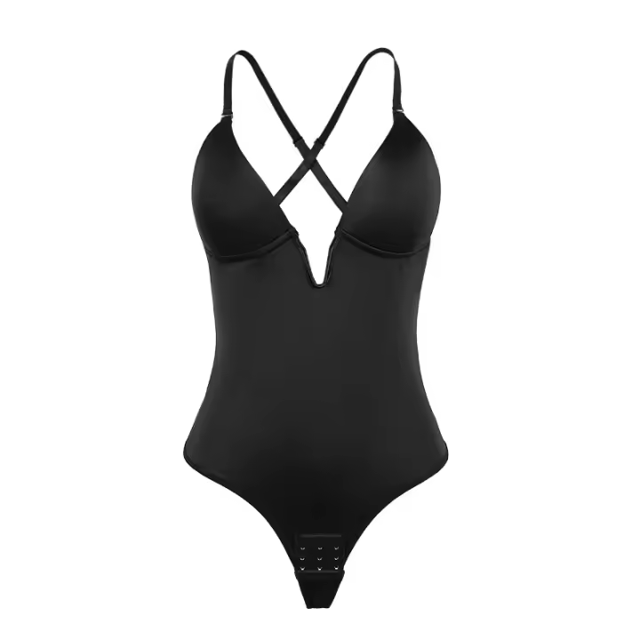 Tanga para mujer con control abdominal, cuello en V profundo, espalda descubierta, corte Bo con sujetador incorporado - 1