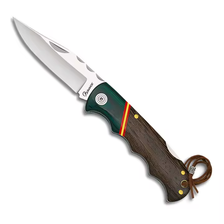 Navaja Albainox - Bandera de España, Acero INOX. Hoja de 9 cm. Mango en Madera de Stamina mixta Verde y Roja, Campig Caza, 18840 - 1