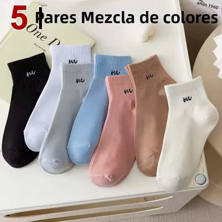 Calcetines Cortos Para Mujer Con Impresión De Letras 5/10 Pares Cómodos Y Transpirables Para Primavera Y Verano Calcetines Deportivos De Algodón Y Poliéster - 1