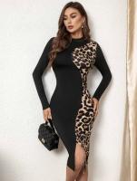 Vestido Slim De Impresión De Leopardo Con Cinturón Y Manga Larga De Cuello Redondo Versátil Y Estilizado Para Mujeres - details 2
